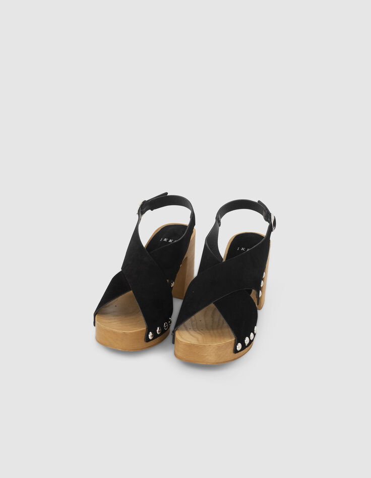 Women’s black studded suede sandals with wooden heel-2