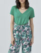 Tee-shirt vert encolure V maille lin irisée Femme-2