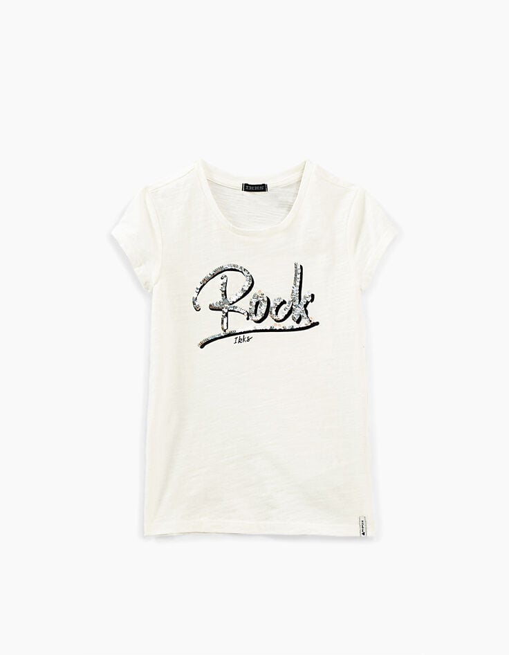 Girls’ off-white T-shirt with reversible sequin slogan-1