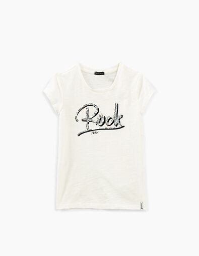 Girls’ off-white T-shirt with reversible sequin slogan - IKKS