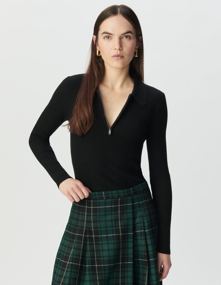 Pull noir tricot 100% laine col polo zippé Femme-3