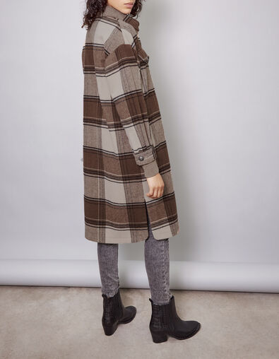 Abrigo largo sobrecamisa cuadros beige y negro mujer - IKKS