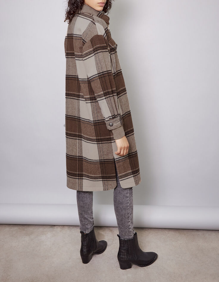 Abrigo largo sobrecamisa cuadros beige y negro mujer-1