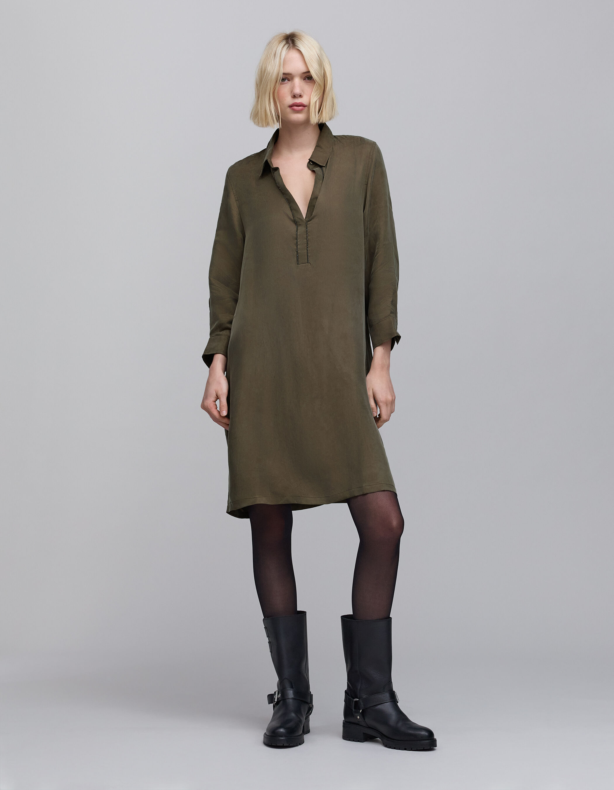 Women s khaki midi shirt dress with jewels IKKS