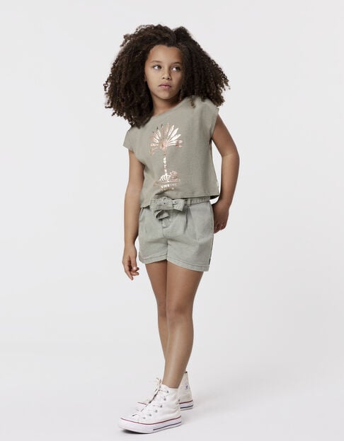 T-shirt khaki organic cotton tiger palm copper girl - IKKS