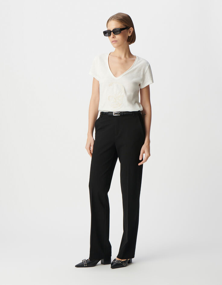 Tee-shirt col V blanc coton bio broderie tête de mort Femme-1