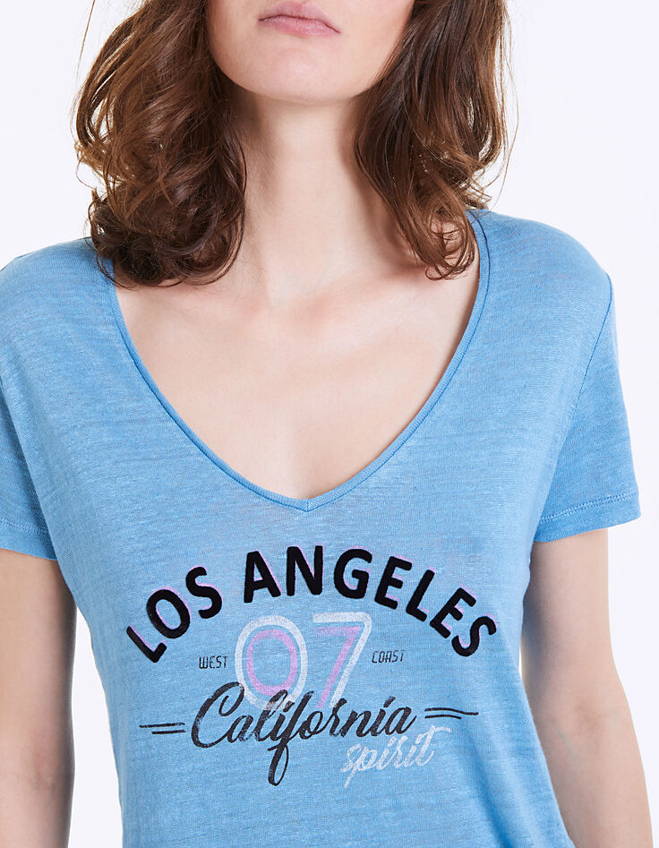 Women’s blue Los Angeles graphic linen V-neck T-shirt-4