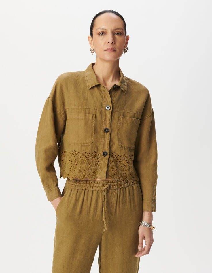 Chemise courte lin kaki brodé Femme-2 Chemise courte lin kaki brodé Femme-2