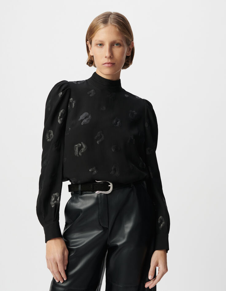 Blouse manche longue noire motif léopard brodé sequins Femme-4