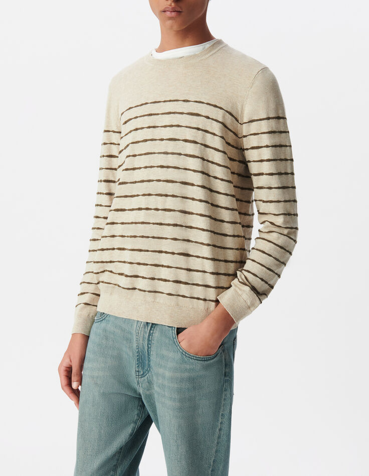 Beiger Herren-Matrosenpulli Feinstrick khaki Streifen-3
