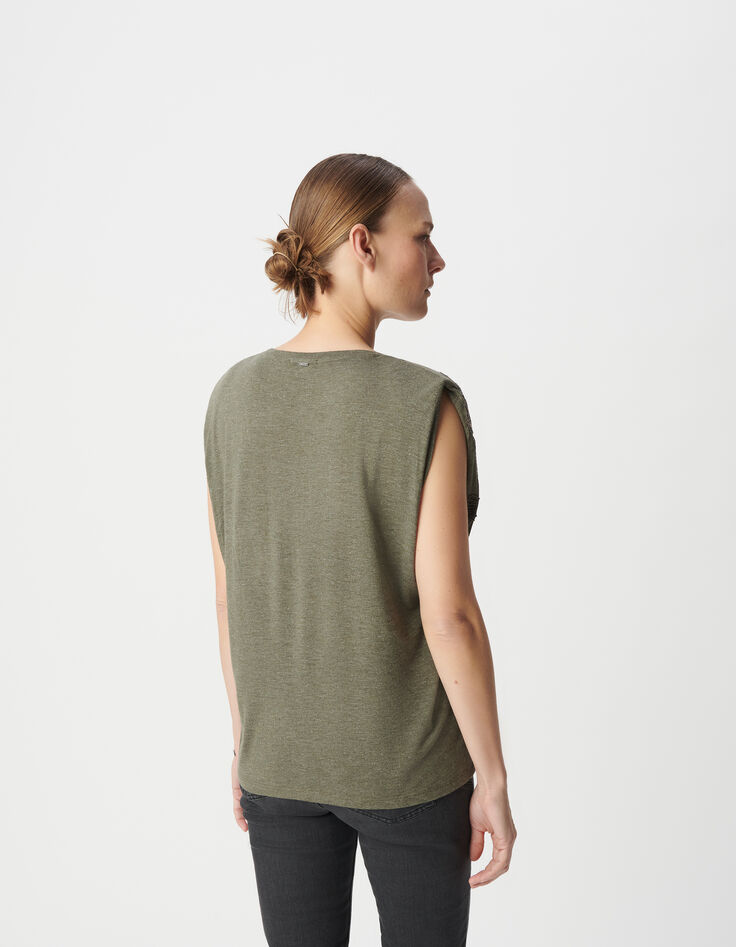 Mujer Camiseta caqui con bordado de tigre y cuello en V-3