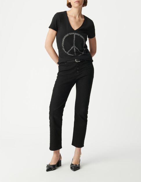 Camiseta negra con tachuelas peace and love de algod&oacute;n org&aacute;nico para mujer - IKKS