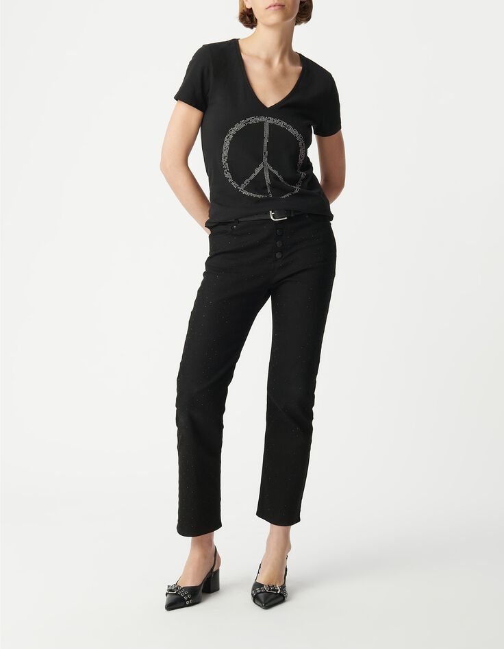Camiseta negra con tachuelas peace and love de algod&oacute;n org&aacute;nico para mujer-1