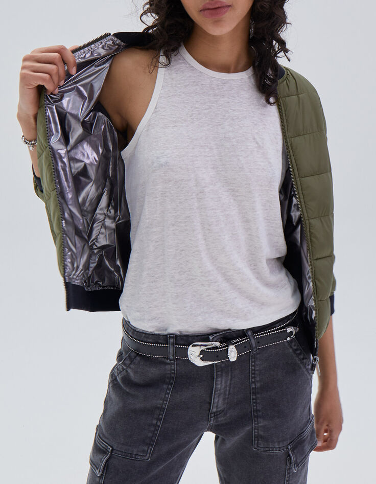 Chaqueta corta caqui cuello alto  mujer-4