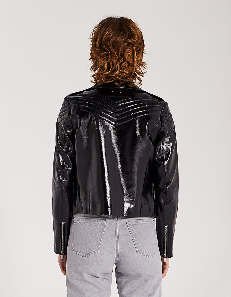 Blouson cuir noir vernis Leather Story détails chevrons matelassés femme-3