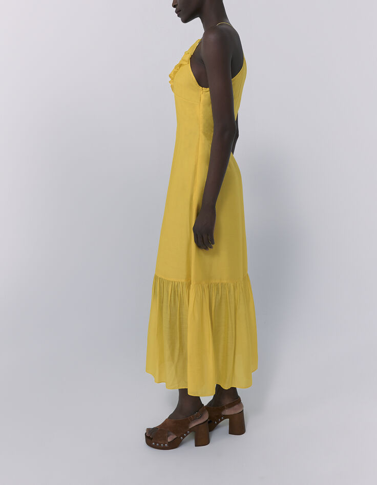Langes gelbes Damenkleid mit schmalen Trägern und Volant-4