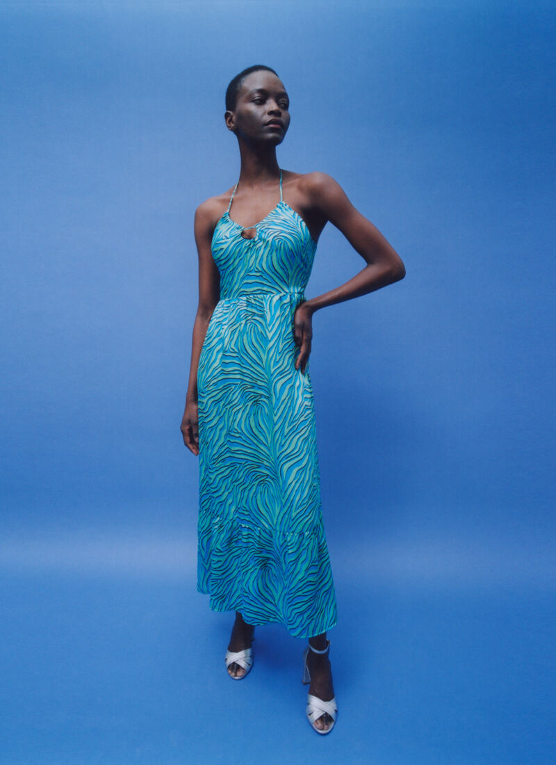 Robe longue dos-nu turquoise imprimé zébré Femme