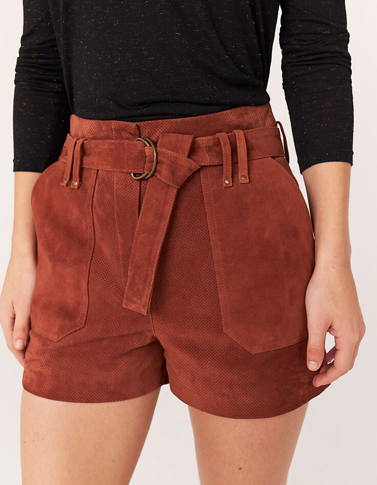 Short taille mi-haute en cuir de chèvre velours femme-1