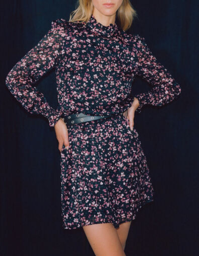 Women’s black short sheer dress with pink velvet print - IKKS