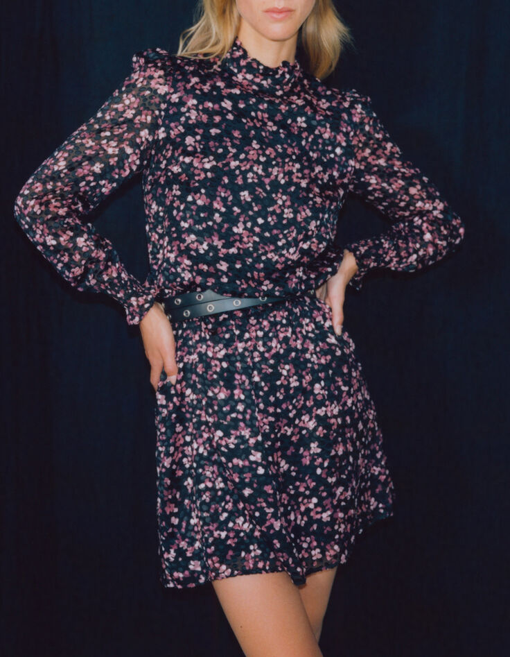 Women’s black short sheer dress with pink velvet print-1
