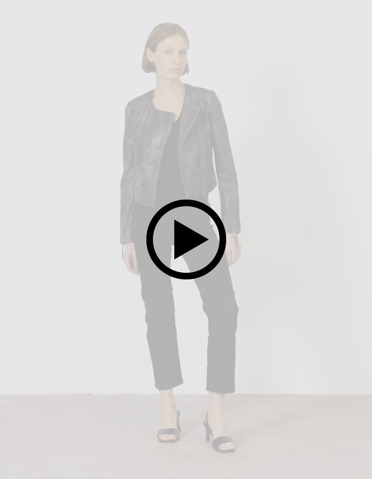 Schwarze Bikerjacke aus gewaschenem Leder mit Rei&szlig;verschlusstaschen Damen-8