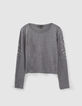 Girls&rsquo; grey lurex T-shirt with metal decor on sleeves-1