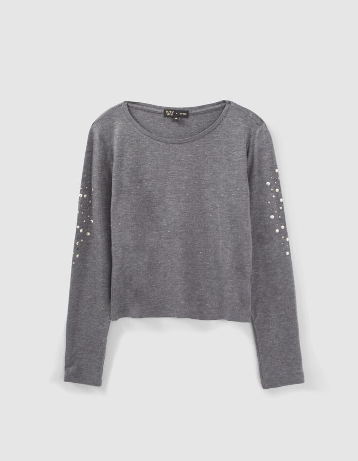 Girls&rsquo; grey lurex T-shirt with metal decor on sleeves-1