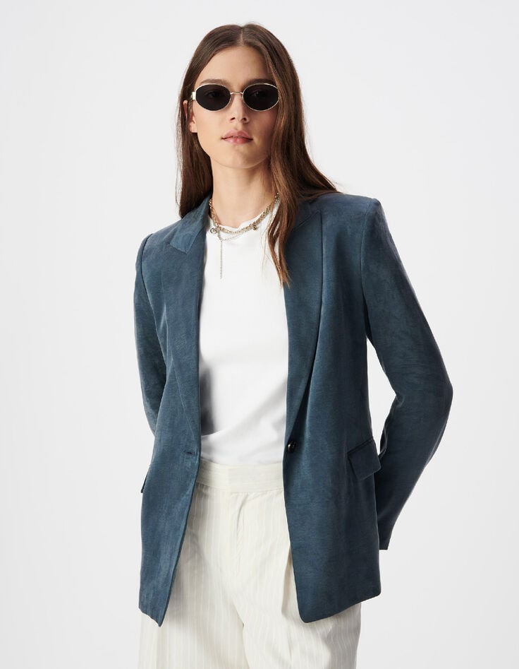 Women's navy blue satin suit jacket-5