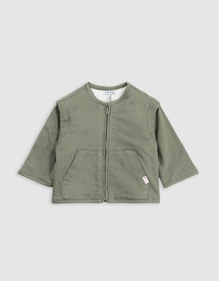 Embroidered khaki jacket with removable sleeves for girls-1