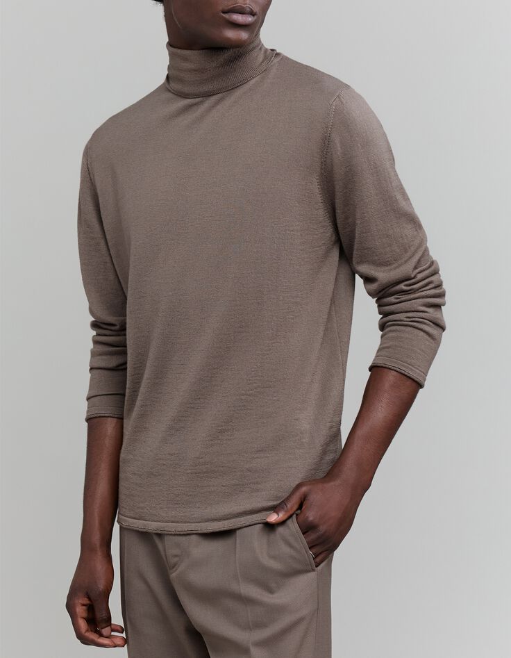 Pull châtain tricot col roulé Homme-1