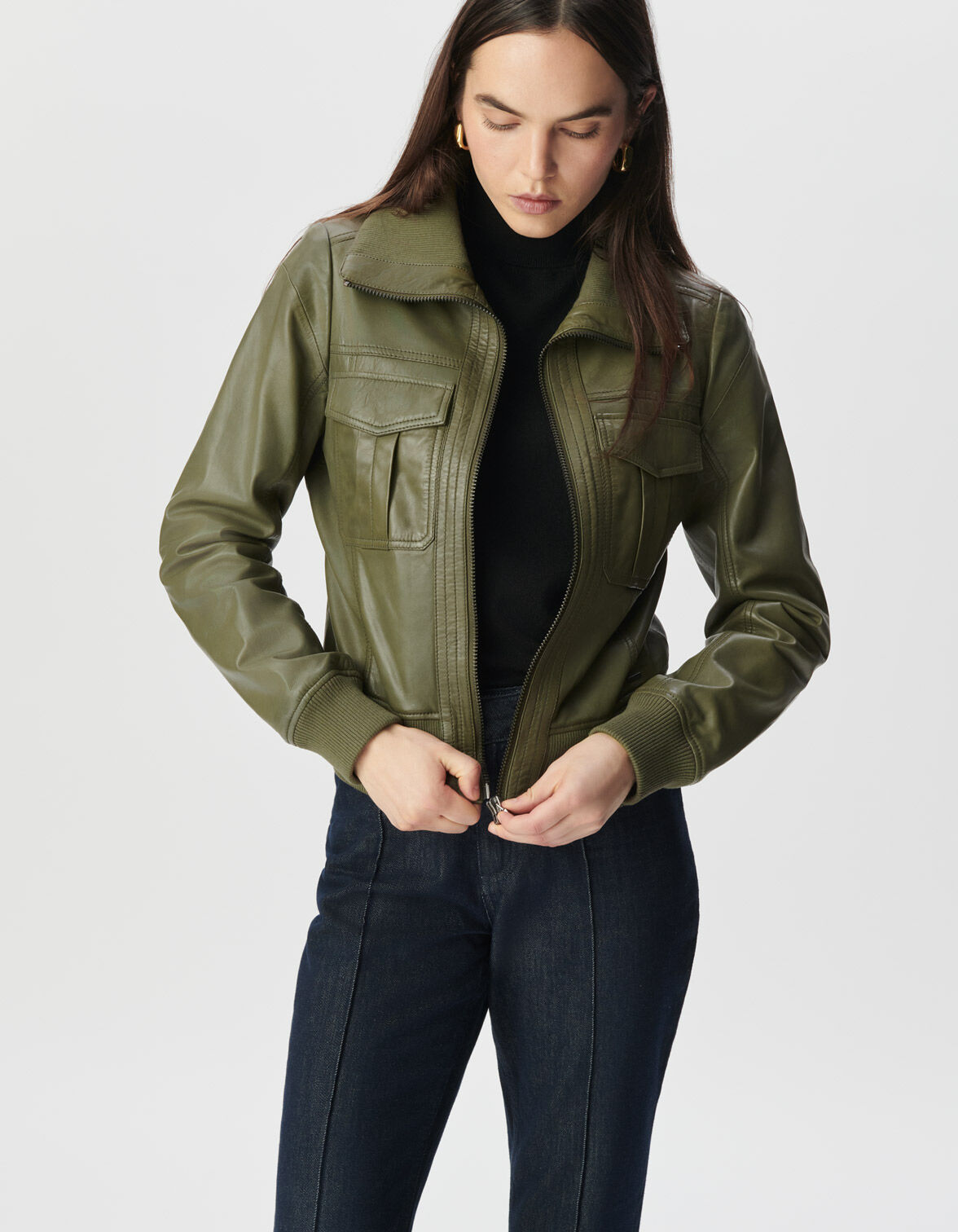 leather jacket blouson khaki 本革 短丈 Y2K Women's faded khaki leather short jacket