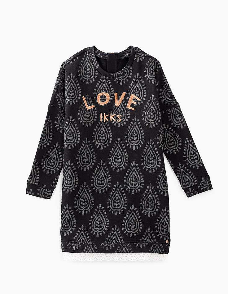 Robe-sweat noire imprimé cachemire avec bas dentelle fille-3 Robe-sweat noire imprimé cachemire avec bas dentelle fille-3