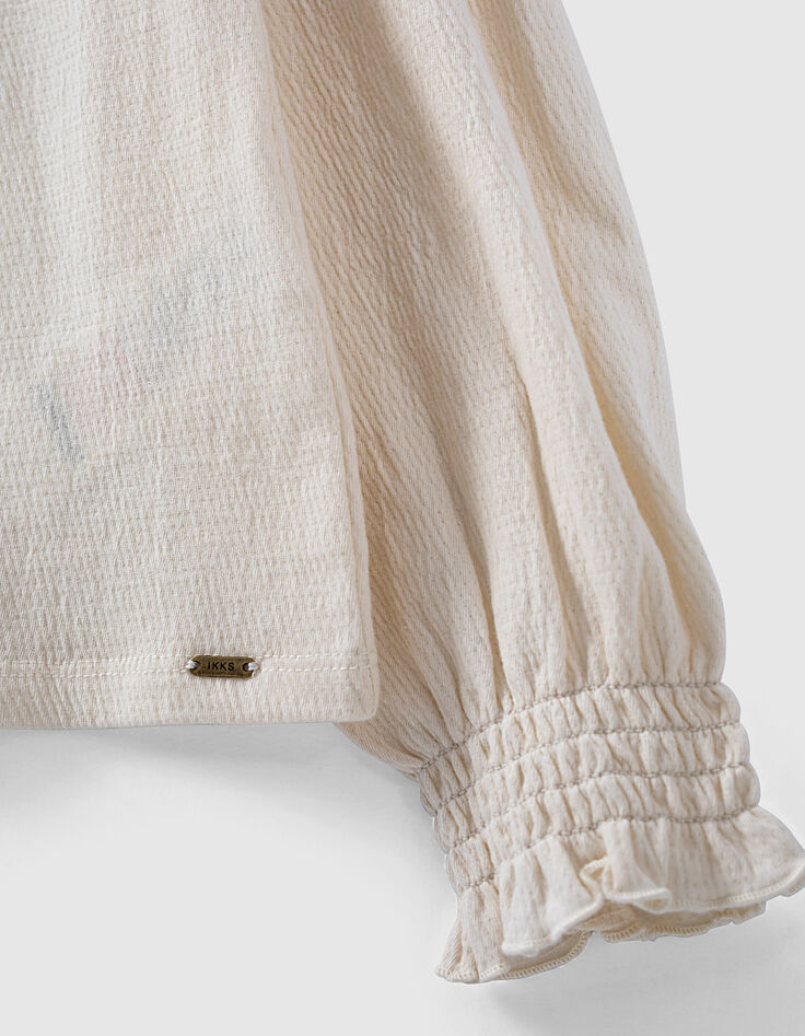 Girls’ ecru waffle T-shirt, pleated collar and cuffs-5
