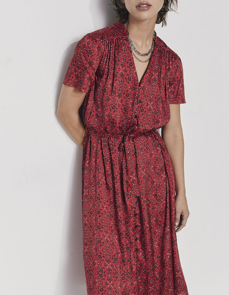 Robe longue boutonnée viscose imprimé bandana rouge femme-1