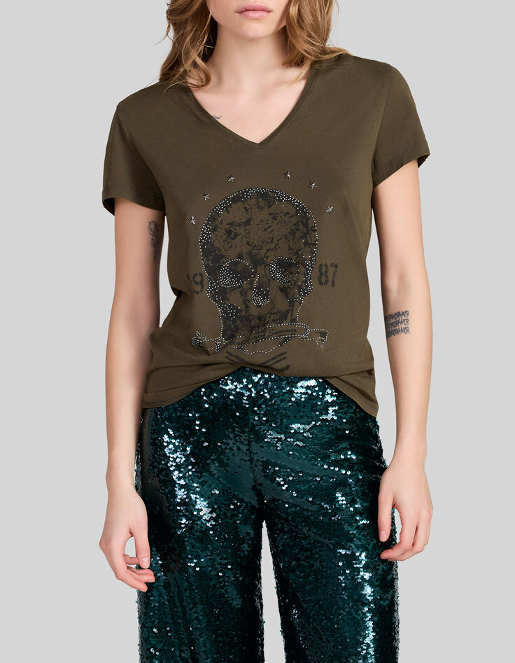 Kaki Damen-T-Shirt mit Totenkopfprint und Strass-2