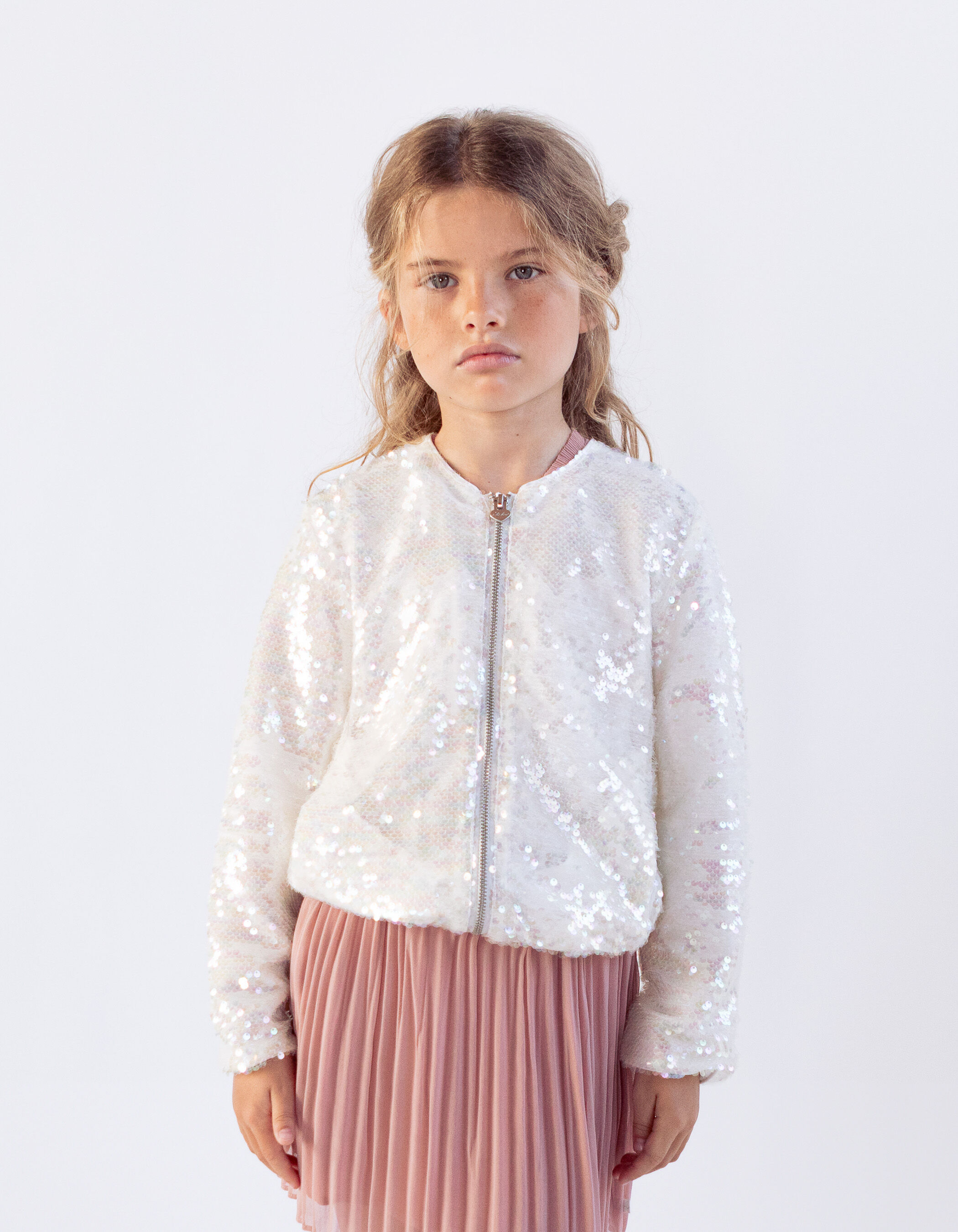 Girls ecru bomber jacket iridescent sequin embroidery