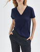 Women’s navy T-shirt with navy striped ribbing-1