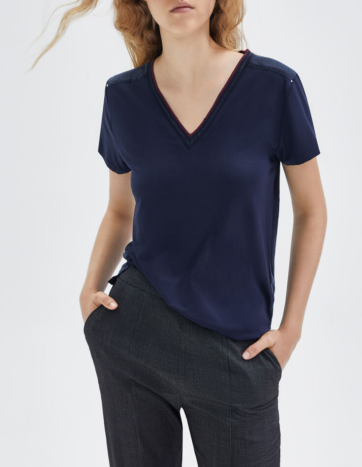 Women’s navy T-shirt with navy striped ribbing-1