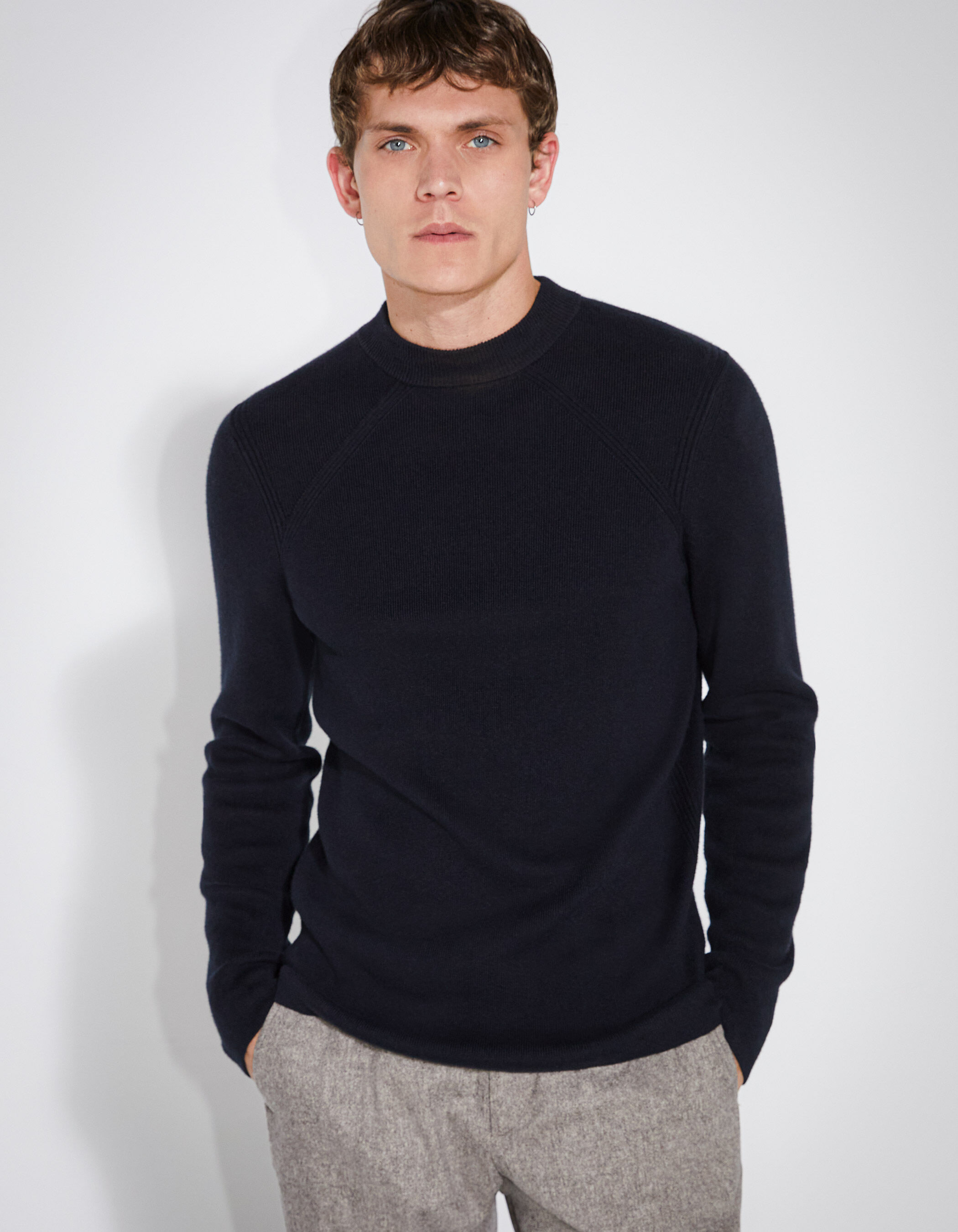 Men's navy knit funnel neck sweater