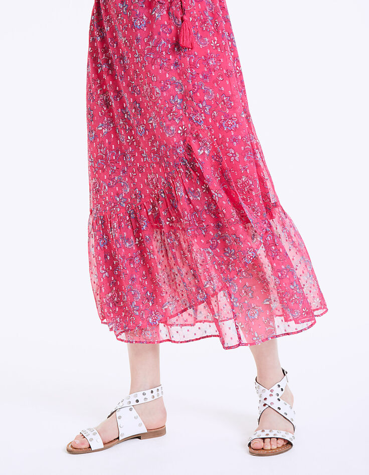 Robe longue cintrée voile imprimé floral pivoine métallisé-5