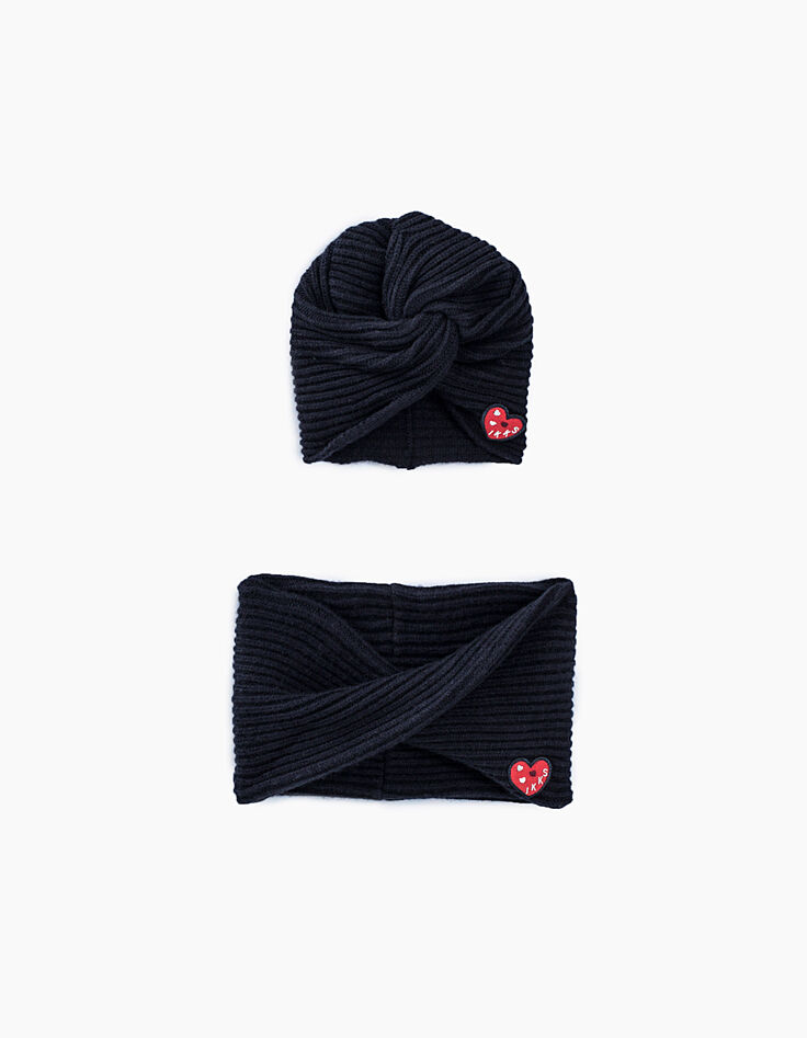 Bonnet et snood navy avec patch cœur bébé fille-1