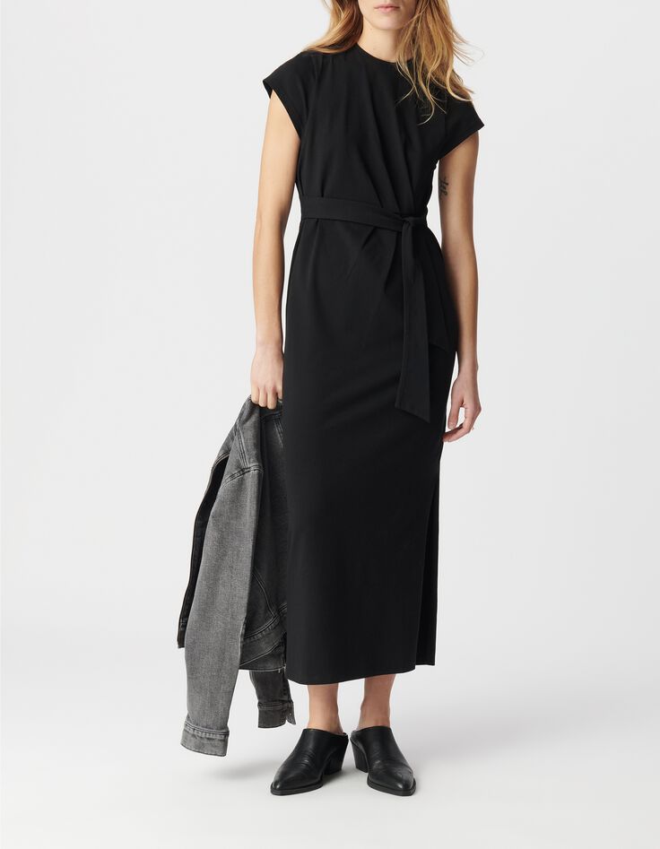Robe midi noire &agrave; nouer c&ocirc;t&eacute; Femme-5
