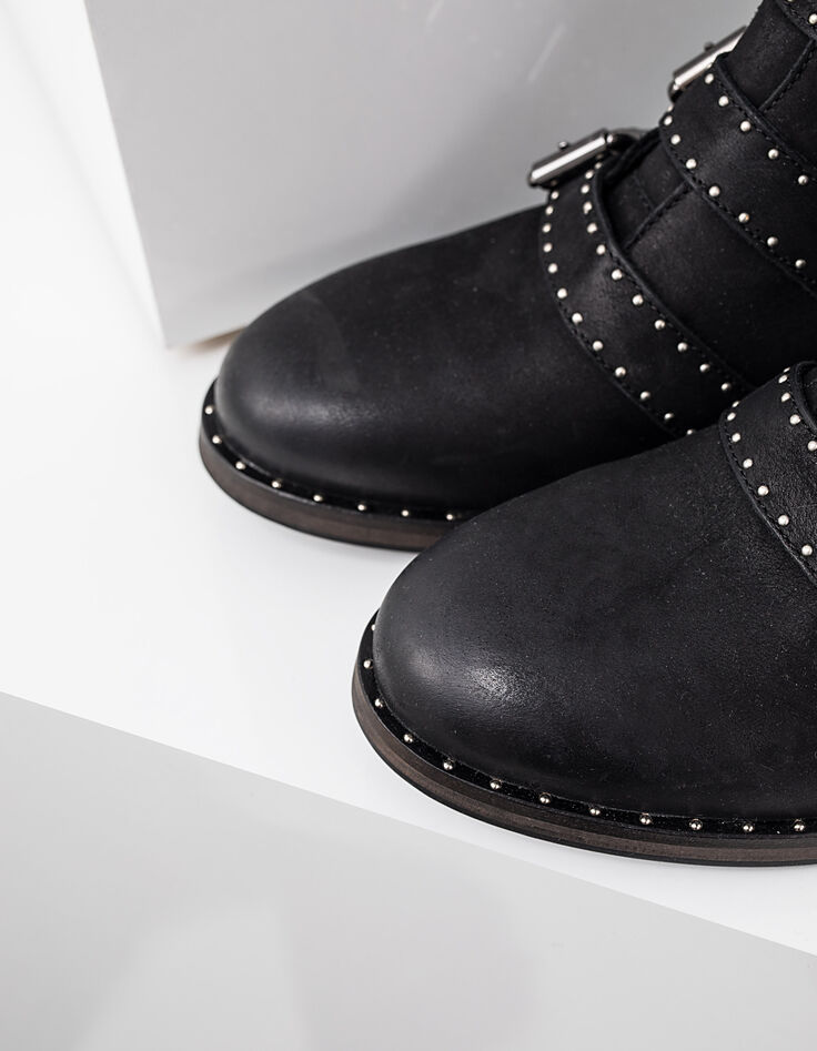 Women&rsquo;s black 4-buckle and studs leather combat boots-5