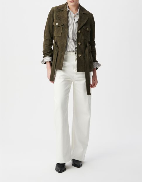 Veste saharienne kaki en cuir velours ceintur&eacute;e Femme - IKKS