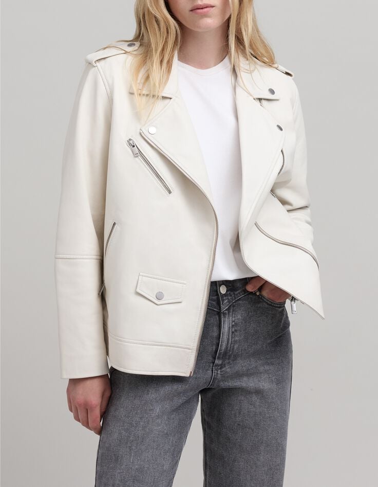 Veste cuir écru esprit motard poches zippées Femme-2