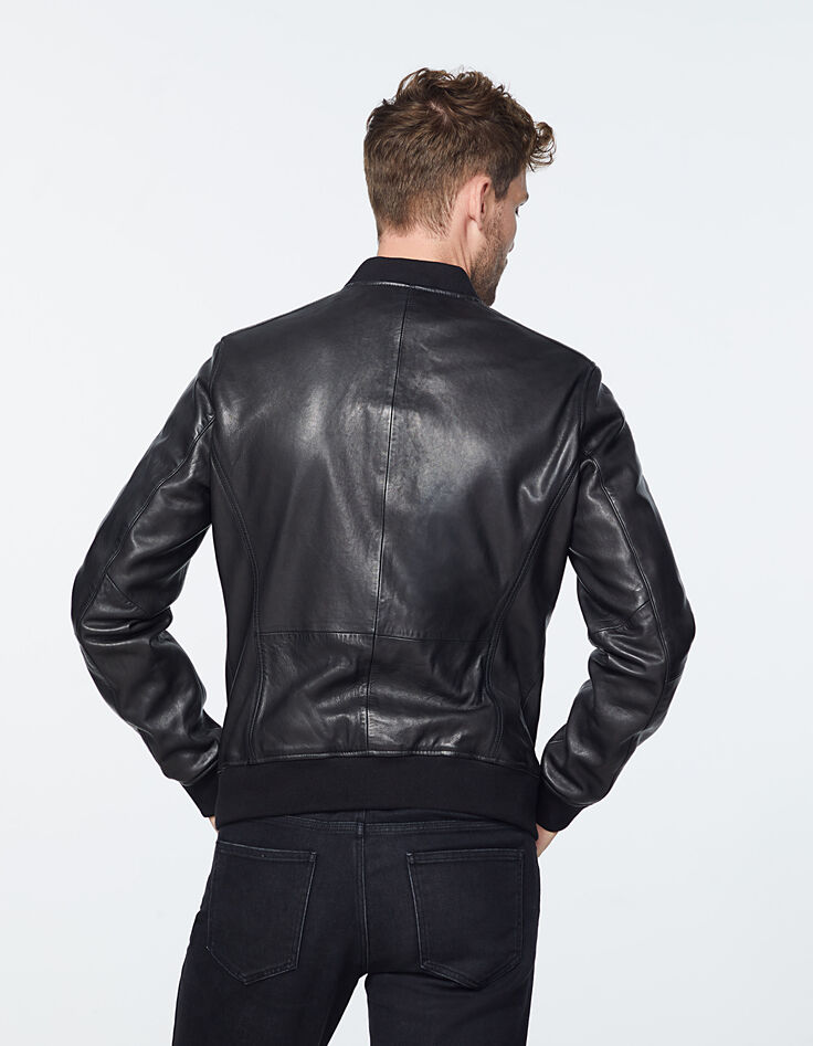 Men's black leather bomber jacket-3