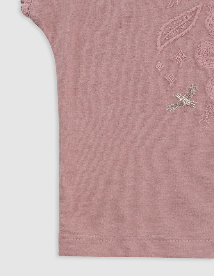 Rosa Mädchen-T-Shirt, Biobaumwolle, Spitze, Stick-6