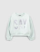 Girls’ mint sweatshirt with textured flocked letters-1