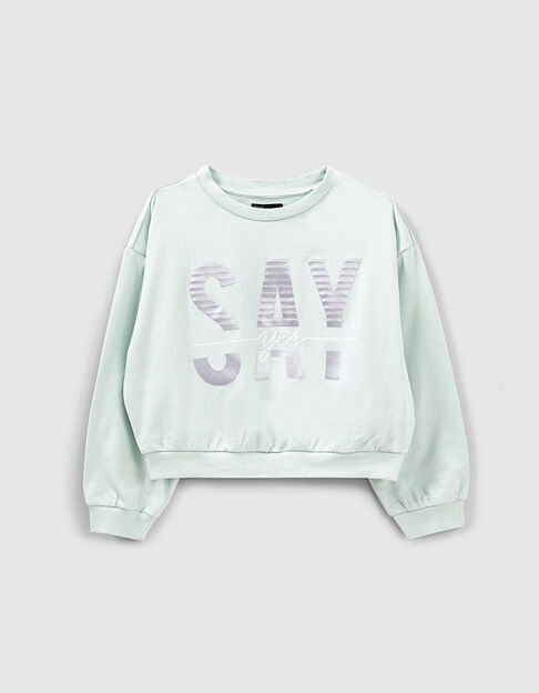 Mädchen-Sweatshirt, aufgeflockter Relief-Schriftzug, Mint