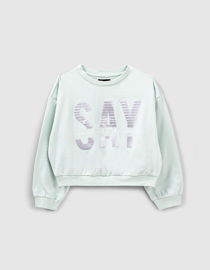 Girls’ mint sweatshirt with textured flocked letters-1